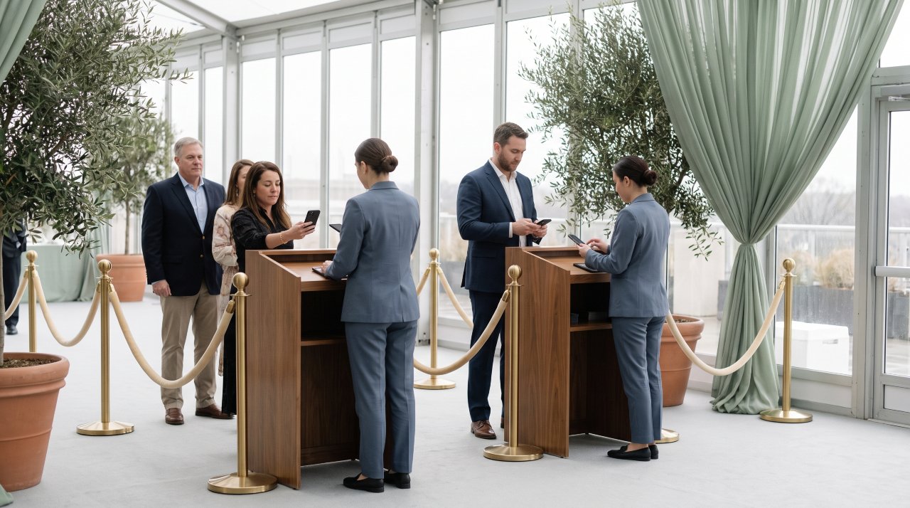 Elegant stanchions and calm staff processing digital ticketing entries at a sophisticated venue gate.