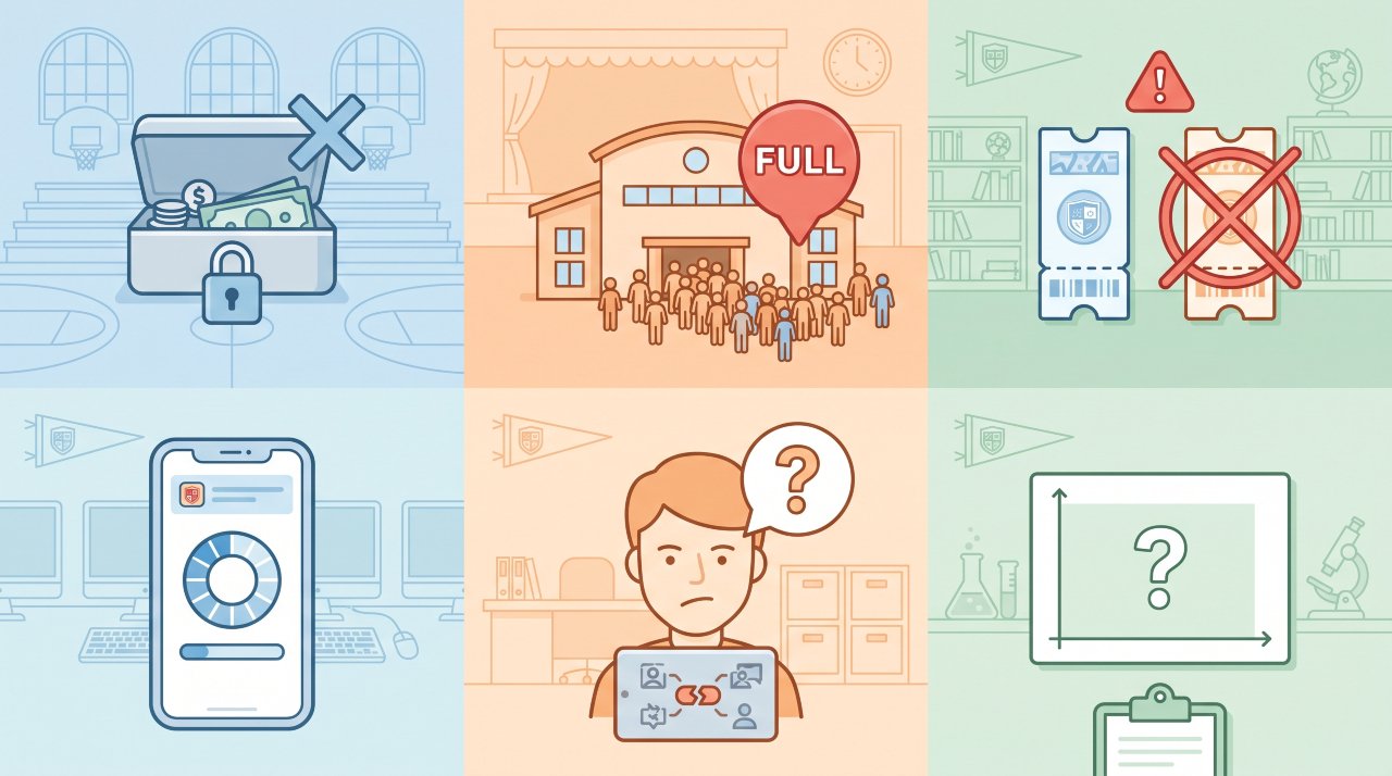 Infographic showing six common school event ticketing problems solved digitally