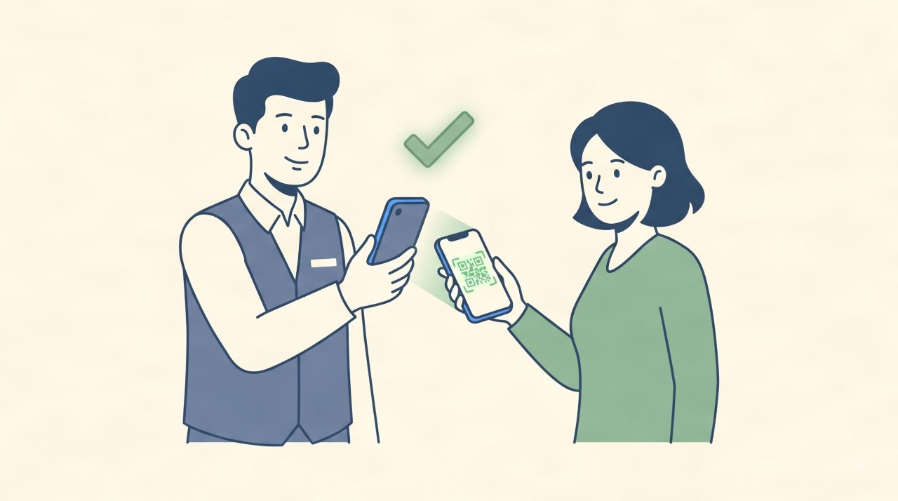Flat vector illustration of gate staff scanning a digital event ticket QR code with event management software