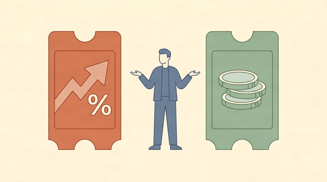 Flat vector illustration comparing percentage fee vs flat fee event management software ticket pricing models