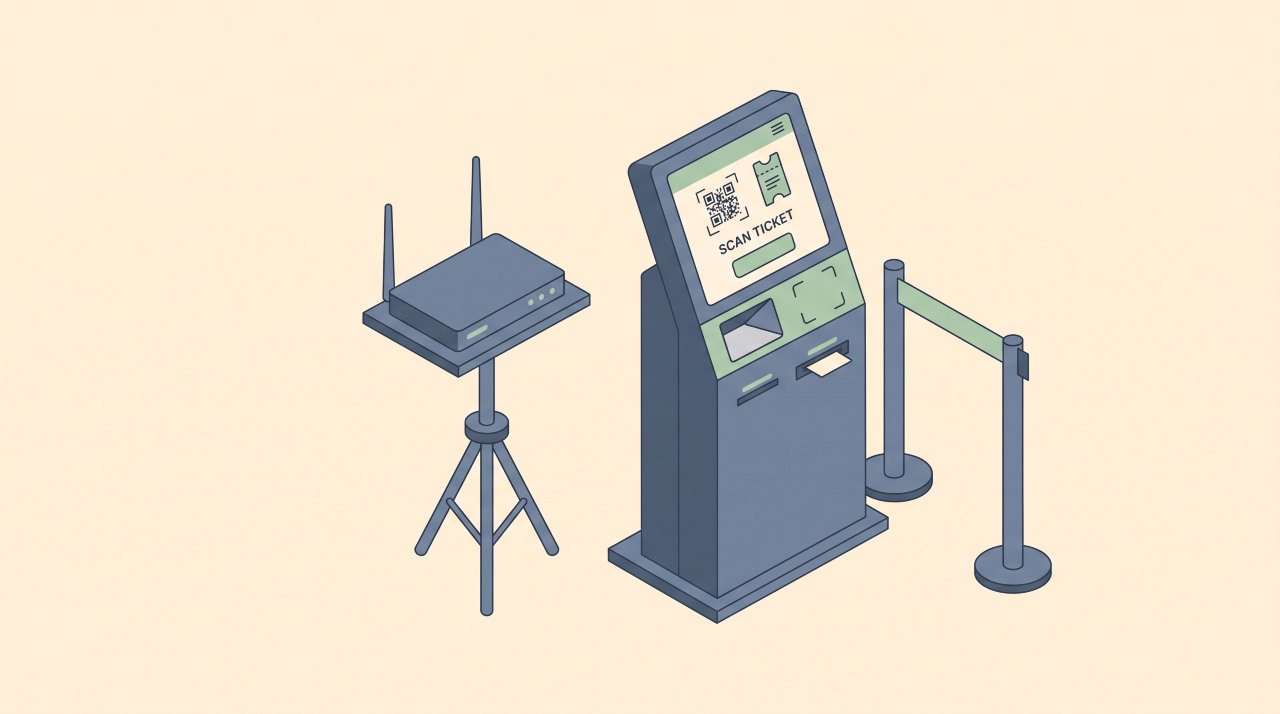 Wireless router and ticketing kiosk showing network setup when implementing digital ticketing systems for live events