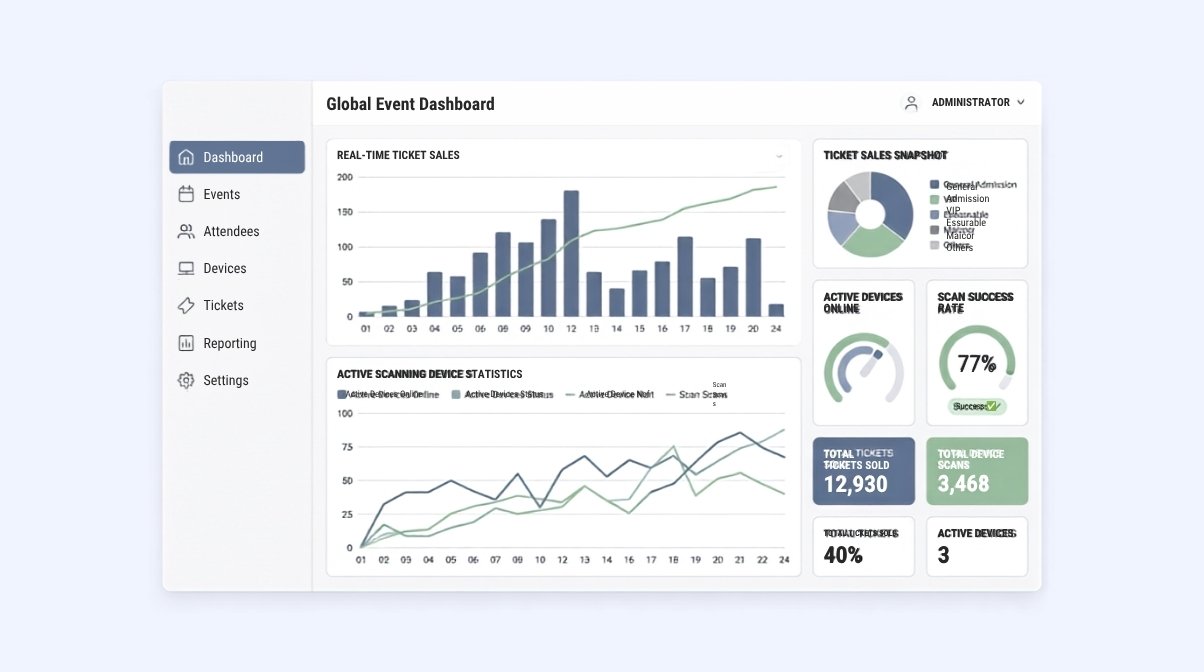 Admin dashboard showing ticket sales and scan status for implementing digital ticketing systems for live events