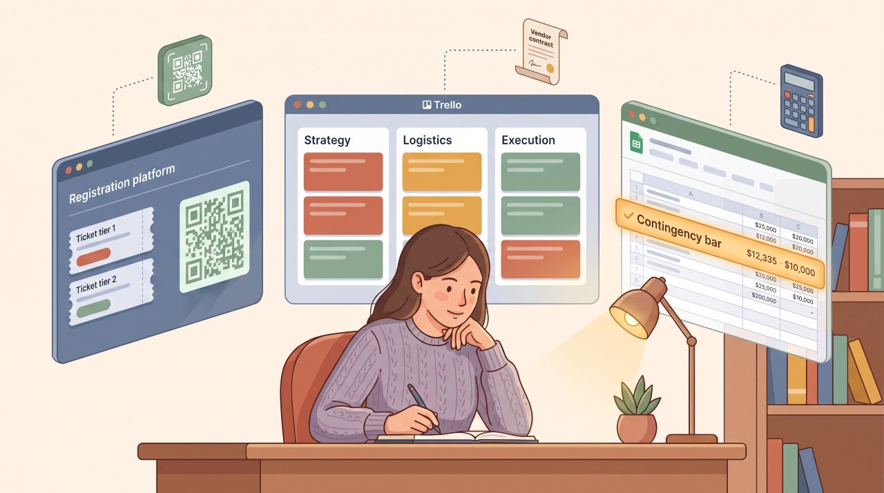 Aspiring event planner building ticketing platform and project management skills at home desk for event planning career.