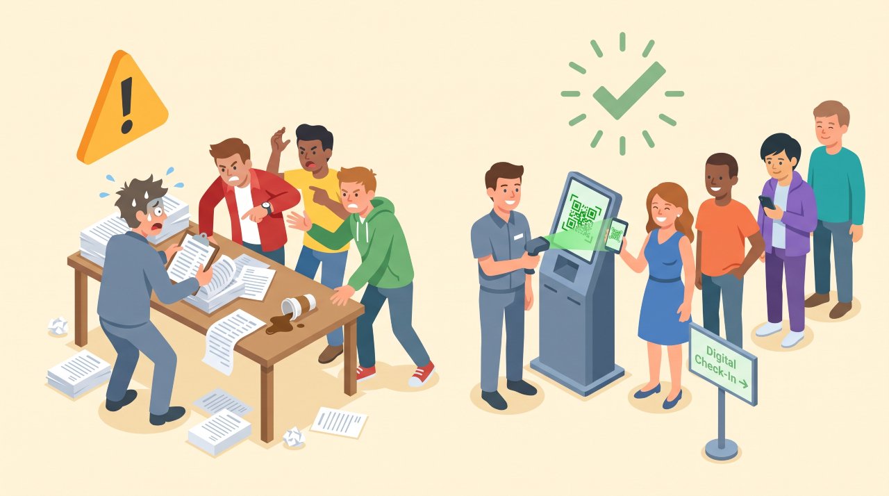 Isometric illustration comparing chaotic manual event check-in with fast digital QR scanning for successful event planning.