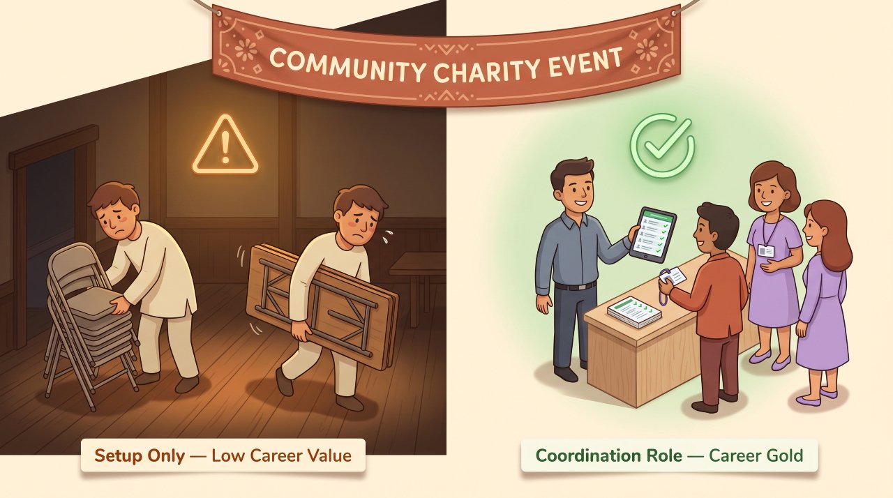 Cartoon split scene showing event planning volunteer choosing coordination check-in role over setup labor for career experience.