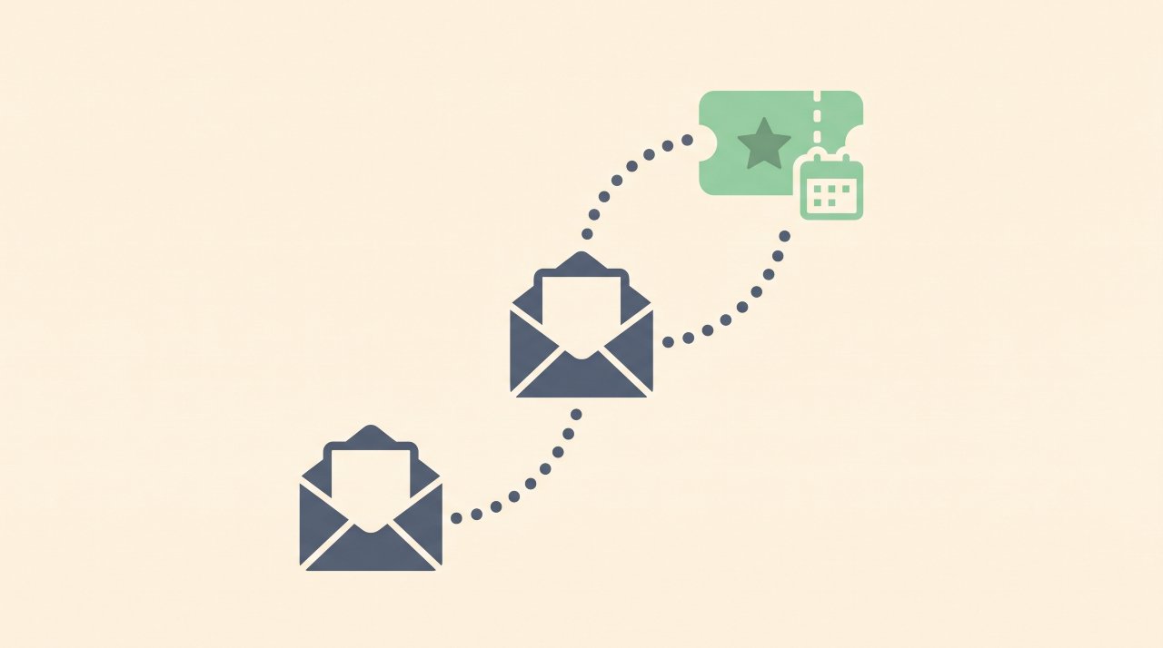 vector illustration of an email sequence path leading to an event ticket pass