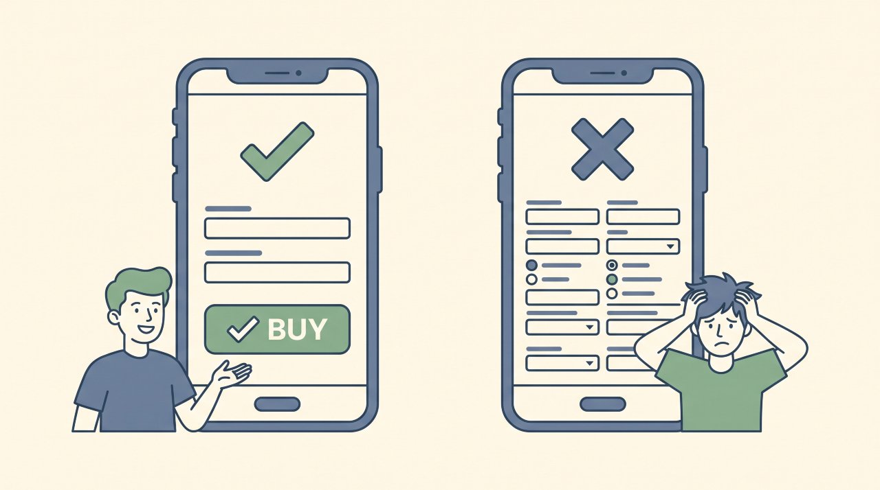 vector illustration comparing clean mobile checkout with a green checkmark against complex checkout