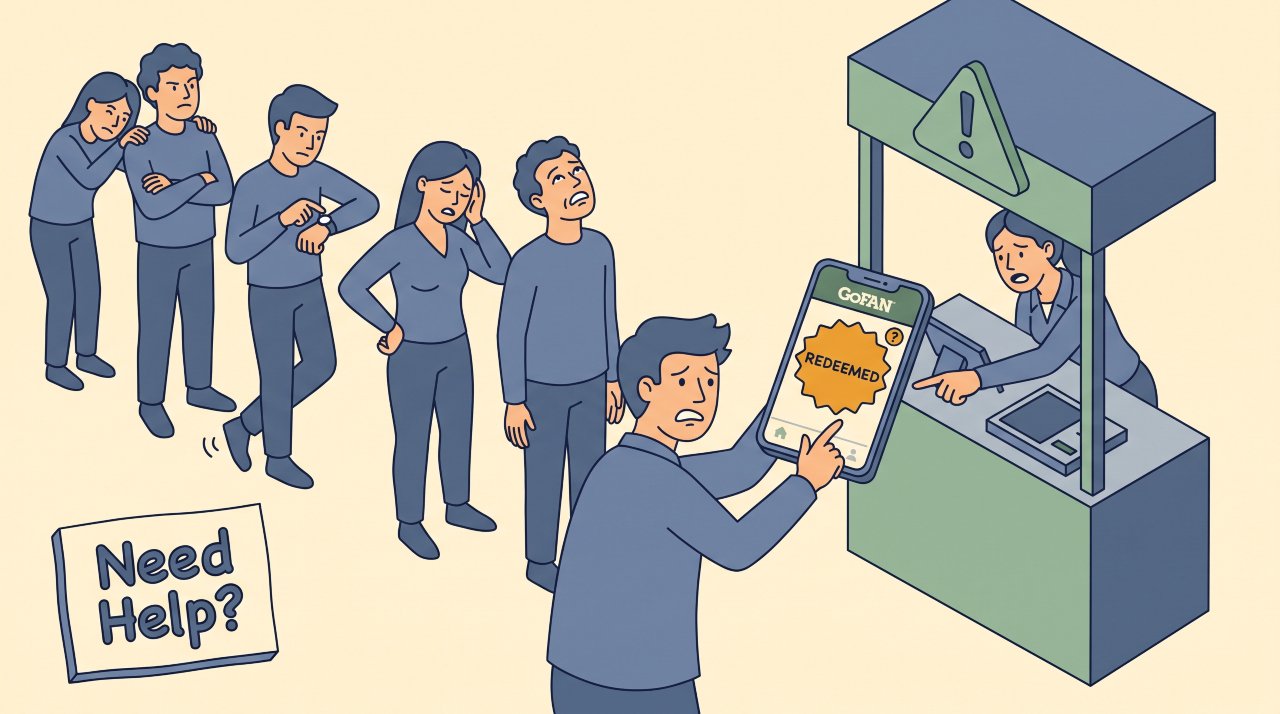 Flat isometric illustration of GoFan digital ticket app confusion causing gate bottleneck at school event.