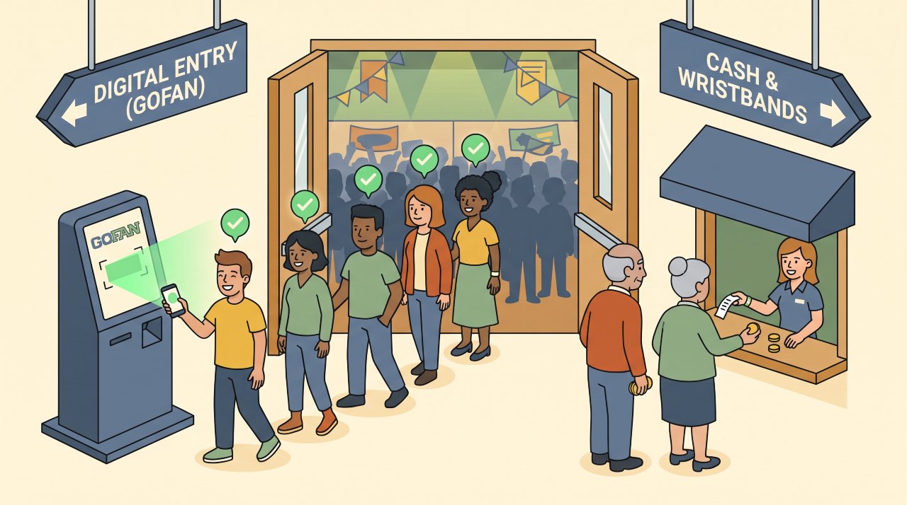Isometric illustration of hybrid GoFan digital and traditional cash ticketing lanes operating smoothly at school event.