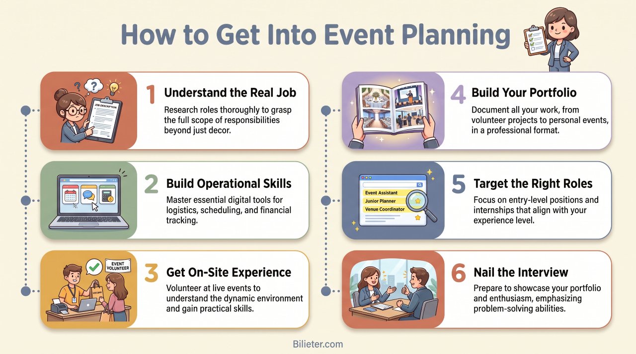 Six step infographic showing how to get into event planning from building skills to landing first coordinator job.