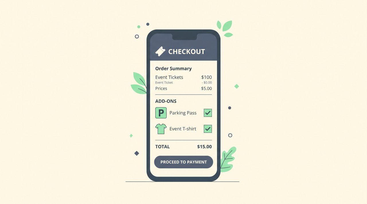 vector illustration of event ticket checkout add-ons including parking passes and merchandise - How to Price Event Tickets