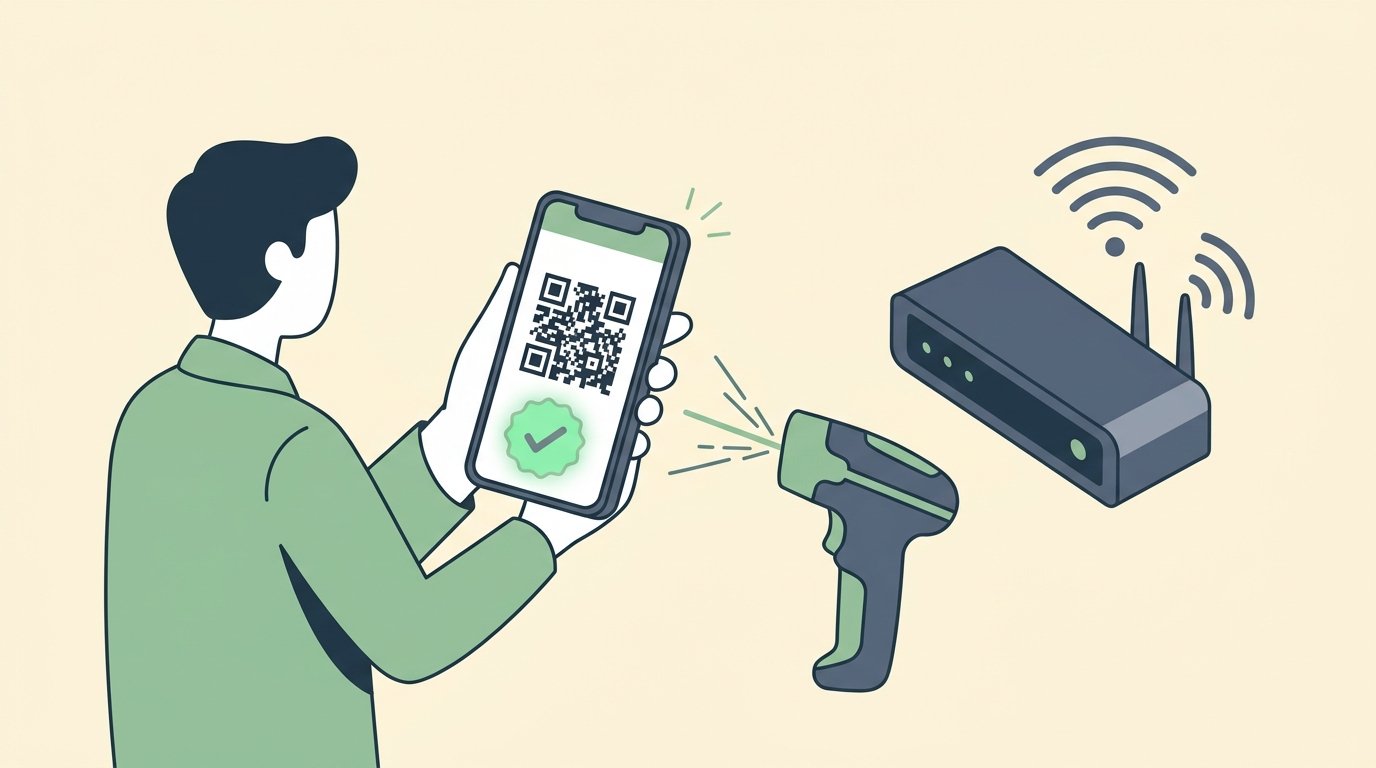 Storyset clean vector illustration of a handheld laser scanner syncing ticket validation data offline
