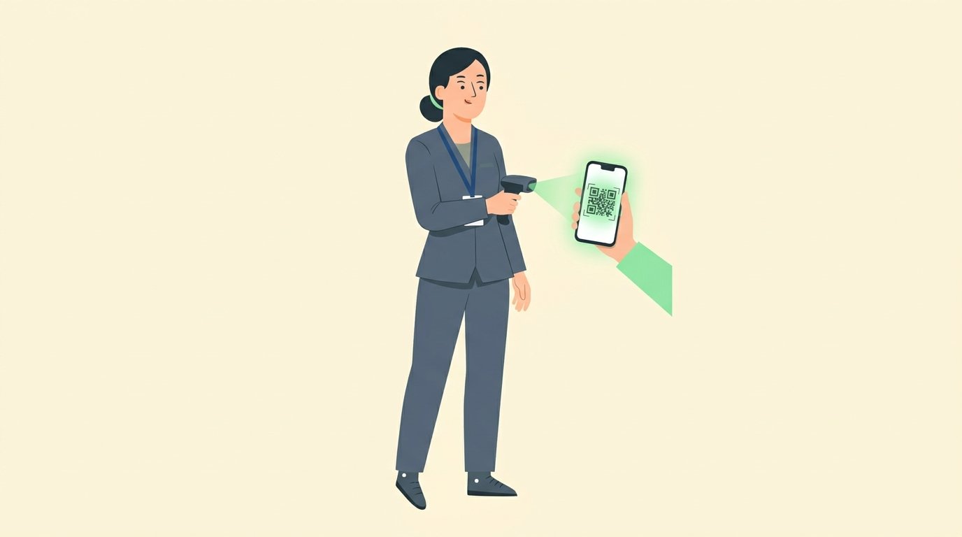 Vector illustration of an event staff member validating digital tickets with a handheld scanner