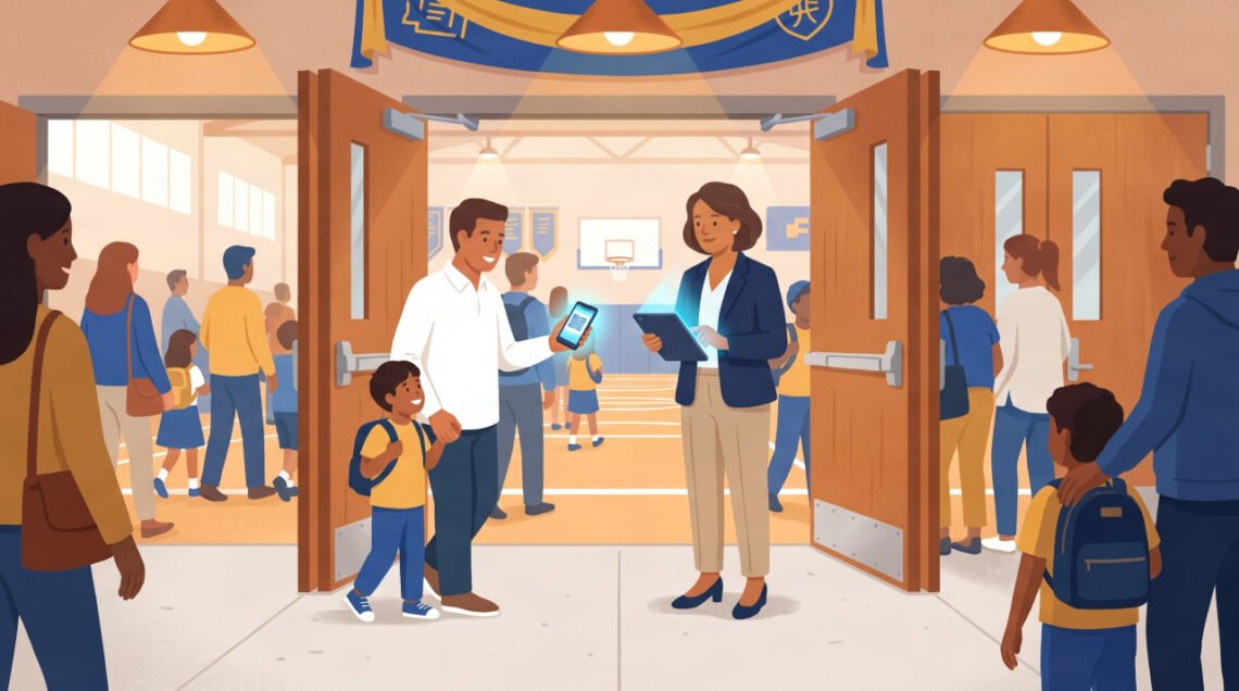 School administrator using digital ticketing system on tablet at school sports event