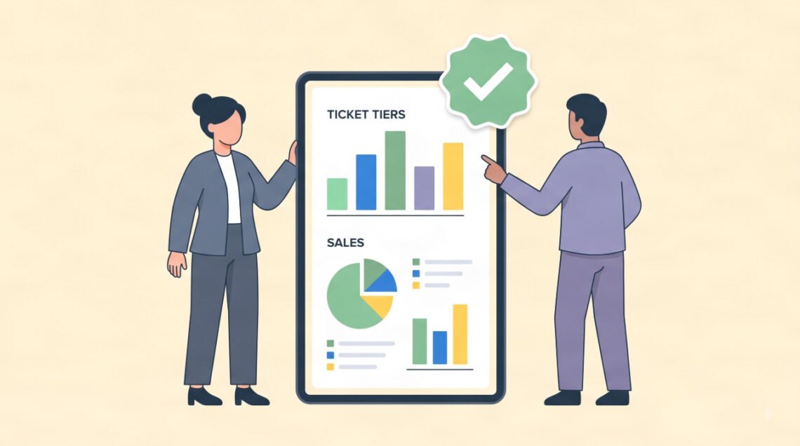 Flat vector illustration of an event coordinator reviewing event management software dashboard with ticket data