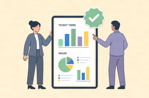 Flat vector illustration of an event coordinator reviewing event management software dashboard with ticket data