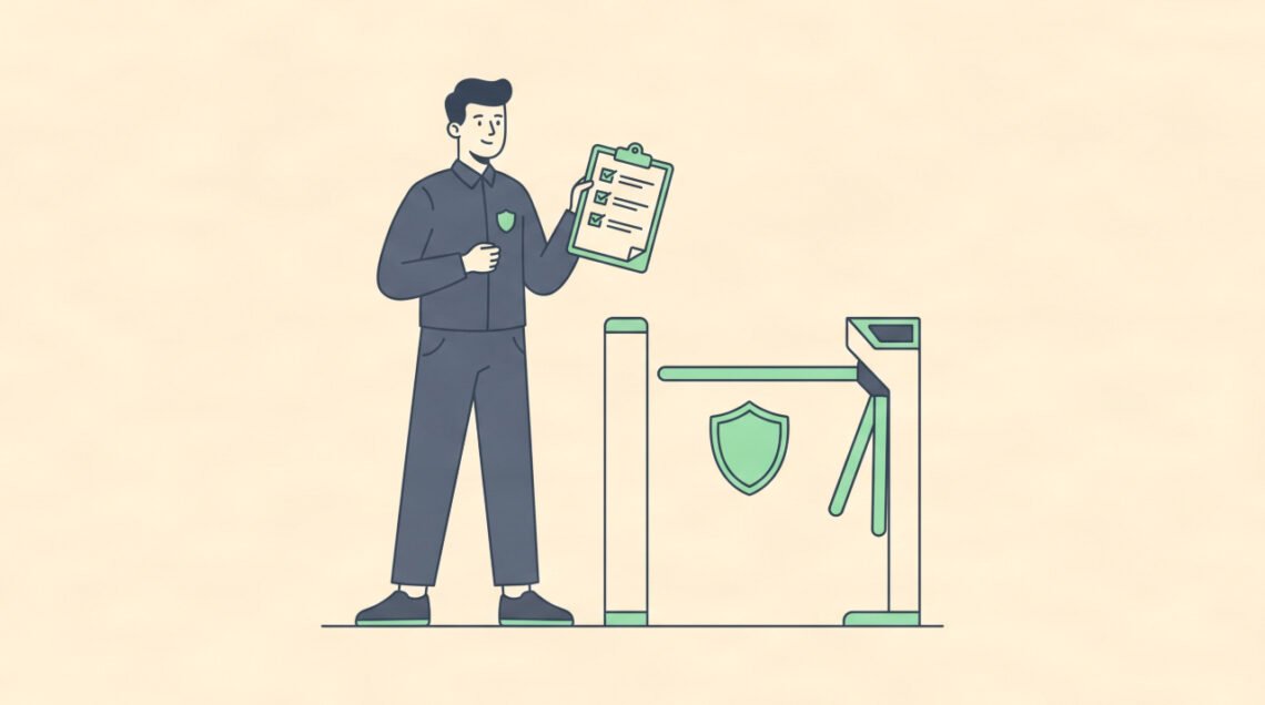 Vector illustration of an event coordinator reviewing a security plan template for an event