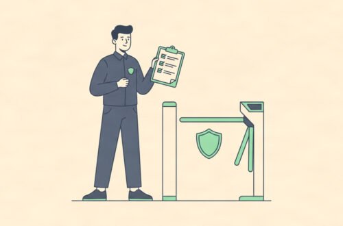 Vector illustration of an event coordinator reviewing a security plan template for an event
