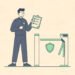Vector illustration of an event coordinator reviewing a security plan template for an event