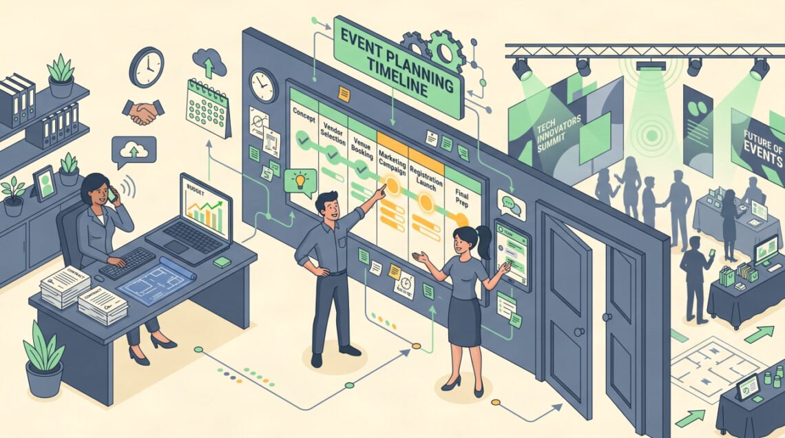 Flat isometric illustration of successful event planning team reviewing timeline and budget at shared planning board