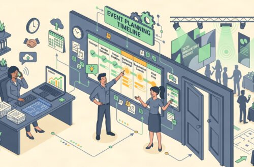 Flat isometric illustration of successful event planning team reviewing timeline and budget at shared planning board
