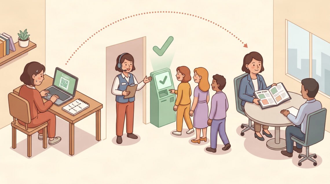 Cartoon illustration showing career path of how to get into event planning from learning to gate management to interview.