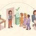 Cartoon illustration showing career path of how to get into event planning from learning to gate management to interview.