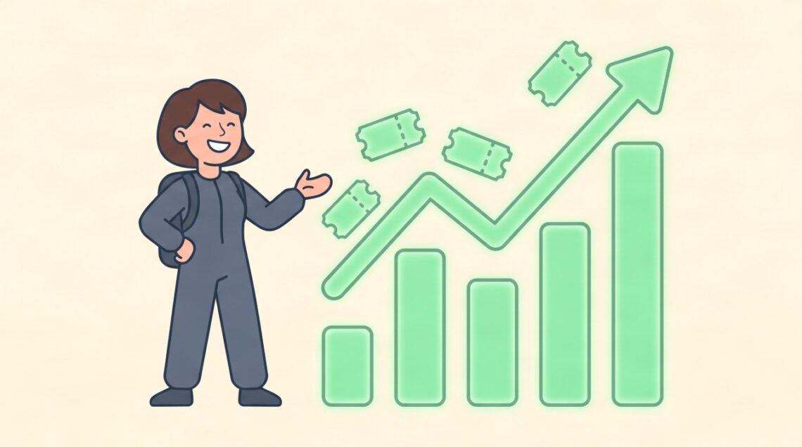 Vector illustration of a character celebrating rising event ticket sales analytics for how to get people to buy tickets