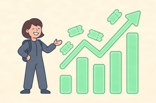 Vector illustration of a character celebrating rising event ticket sales analytics for how to get people to buy tickets