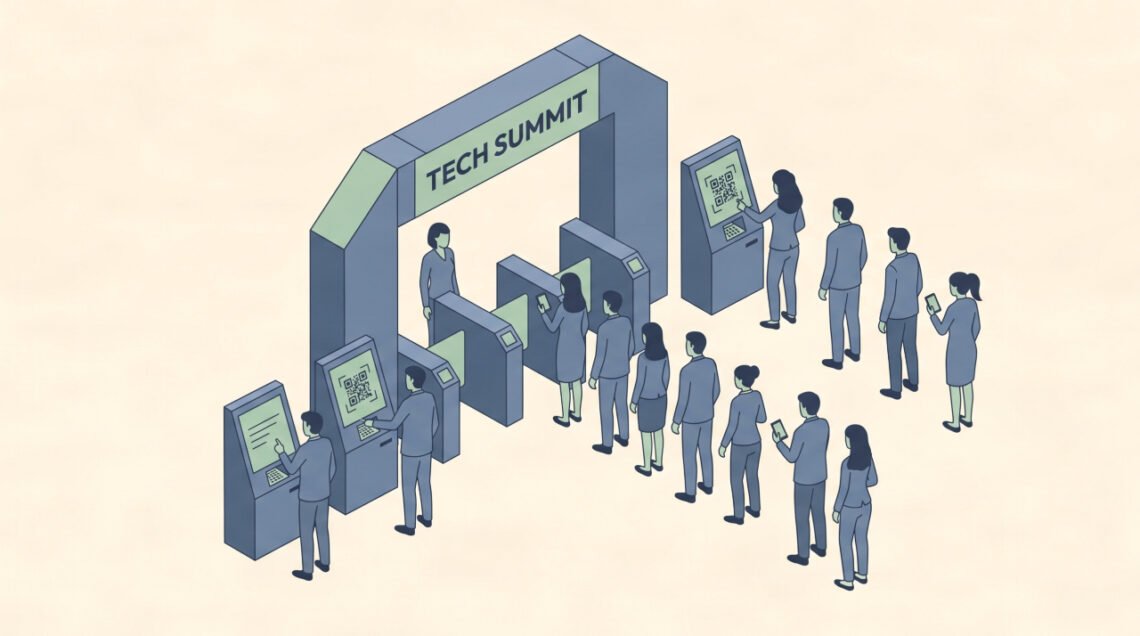 Event entrance with kiosks for implementing digital ticketing systems for live events