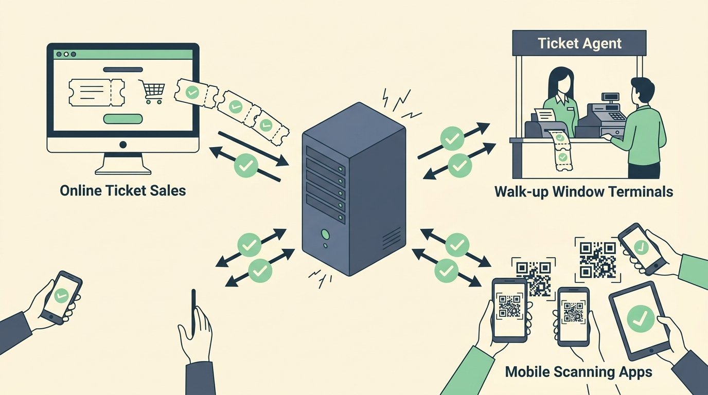 Storyset clean vector illustration of unified real-time ticket inventory database synchronization