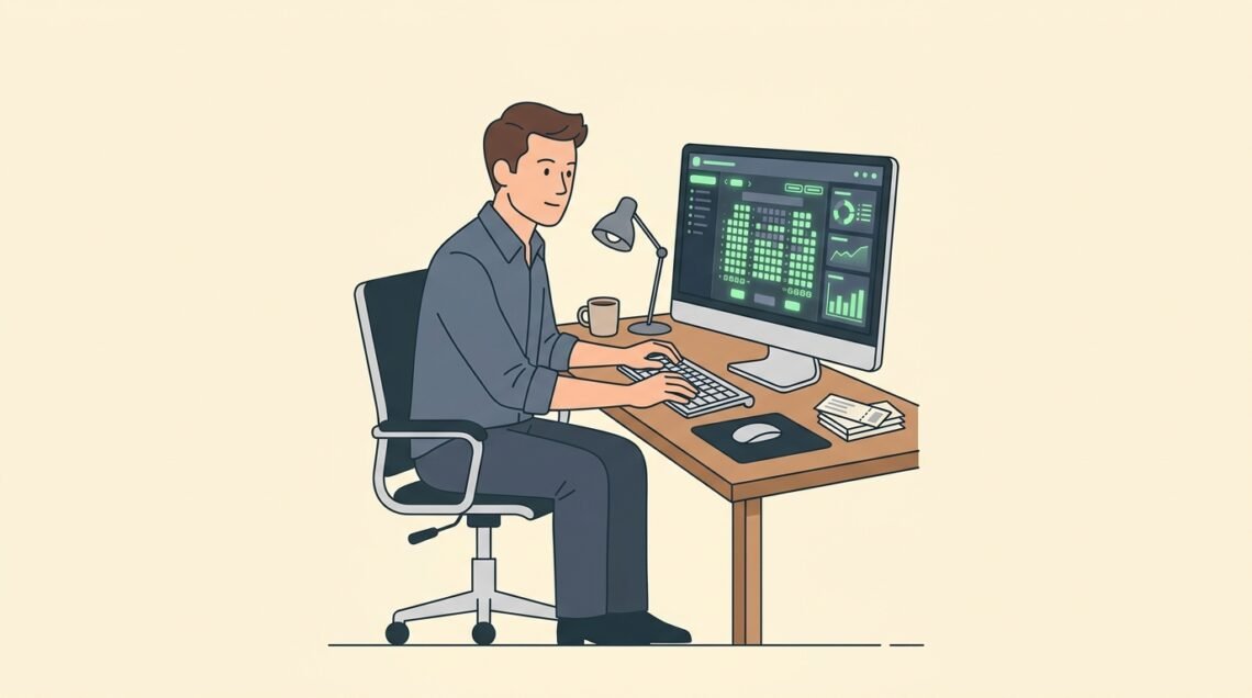 Storyset clean vector illustration of an event venue manager using box office management software on a desktop computer