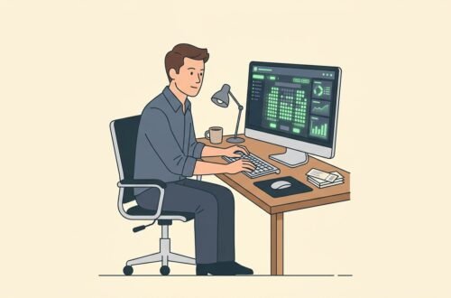 Storyset clean vector illustration of an event venue manager using box office management software on a desktop computer