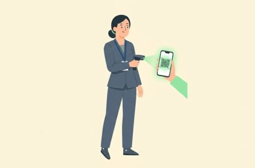 Clean vector illustration of a conference registration coordinator operating an on-demand thermal badge printer