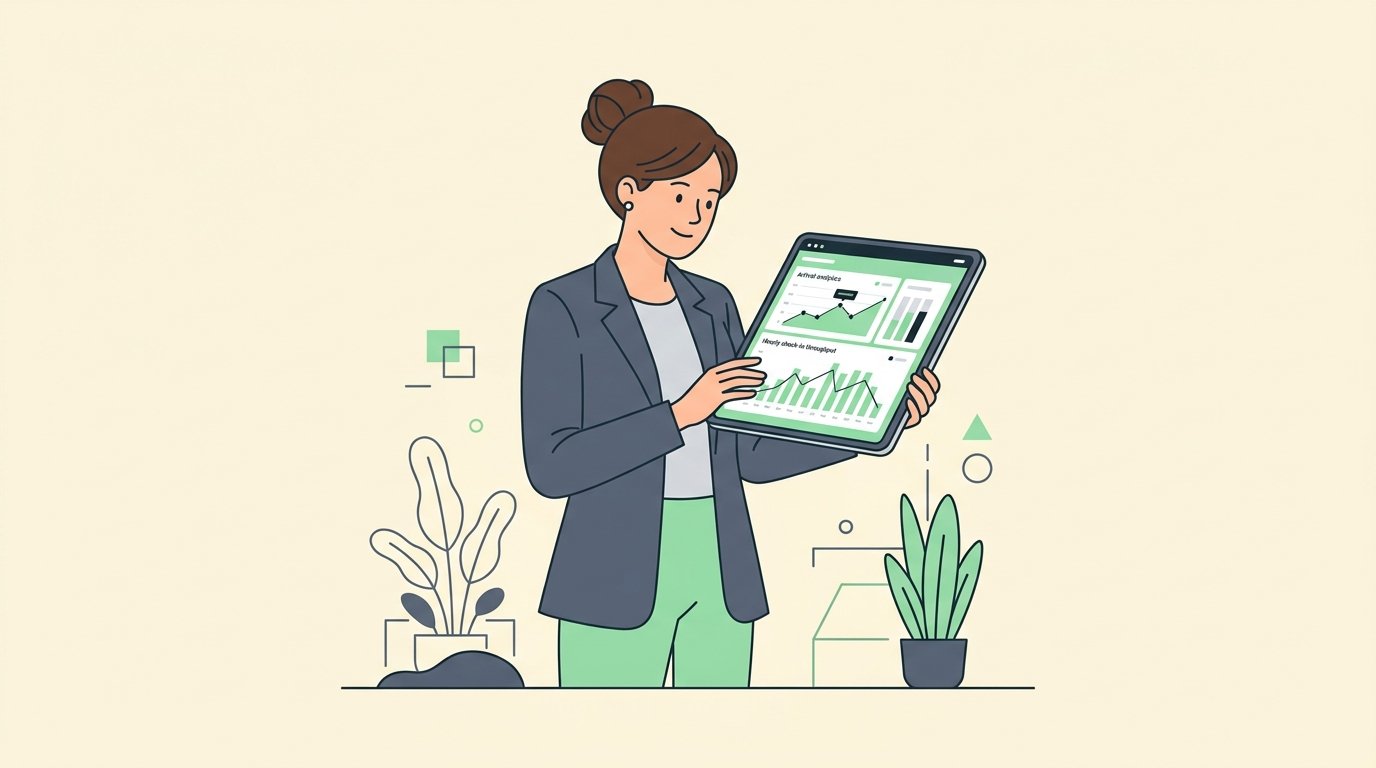 Storyset clean vector illustration of an event manager reviewing real-time check-in arrival metrics on a tablet