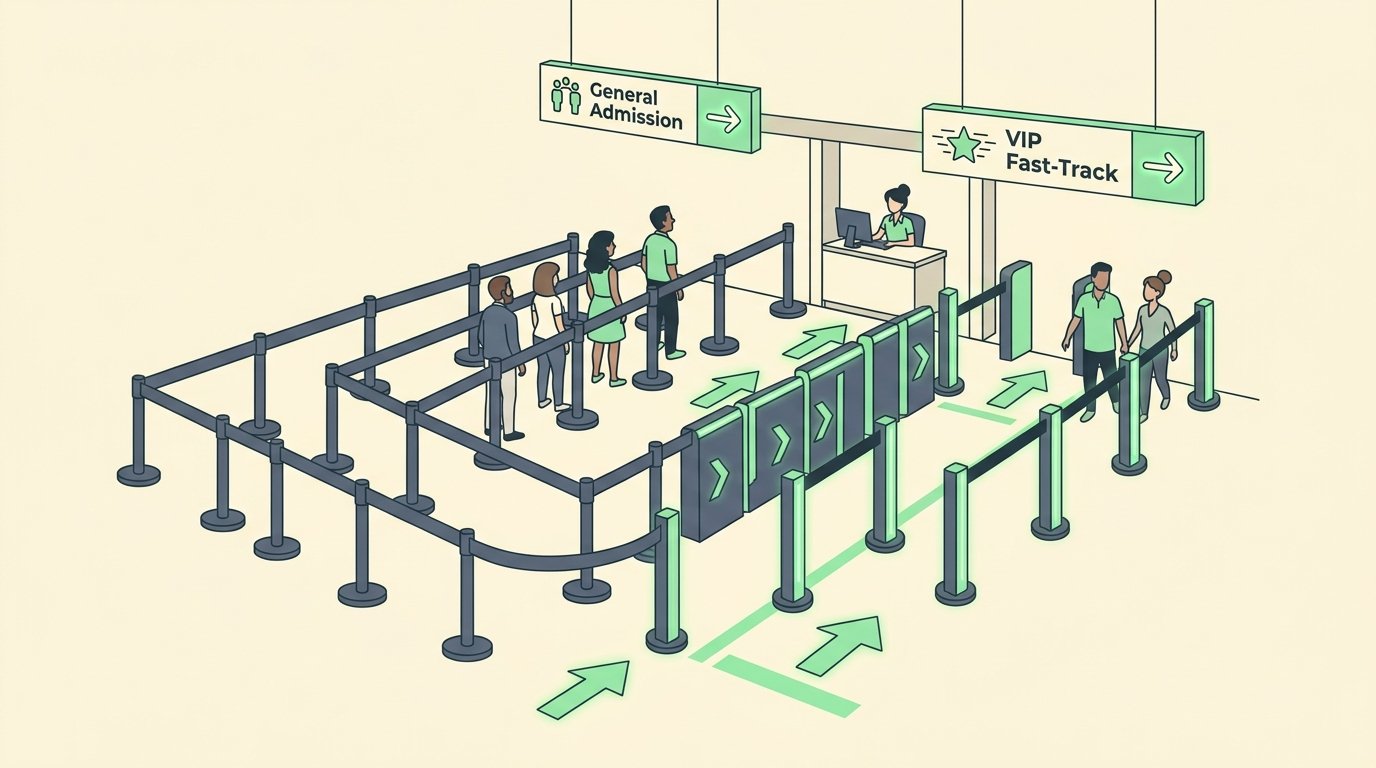 Storyset clean vector illustration of organized multi-lane entrance stanchions separating VIP and general admission
