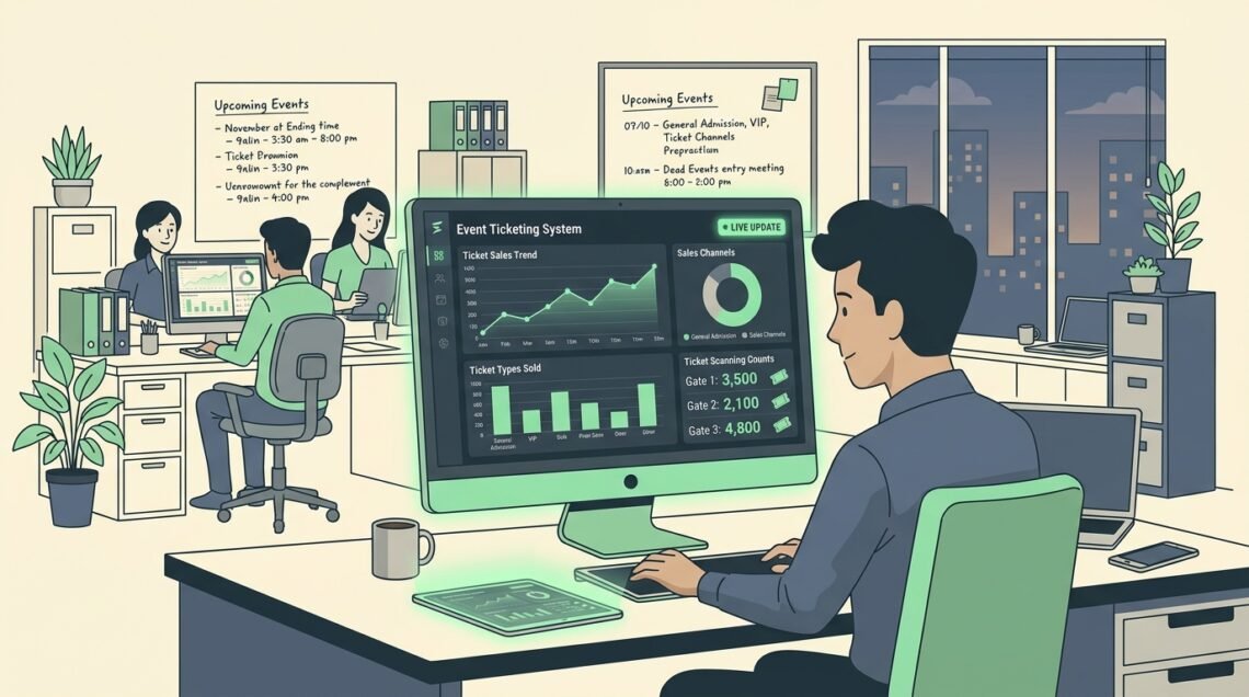 Storyset clean vector illustration of a graphic designer creating digital event ticket pass layouts on a desktop computer