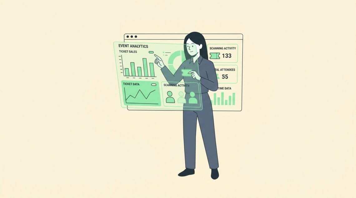 Storyset clean vector illustration of an event manager using a digital event ticketing system dashboard