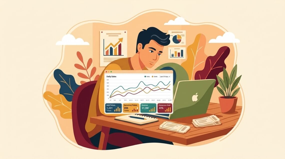 Clean vector illustration of an event coordinator managing a zero fee free event ticketing system on a laptop