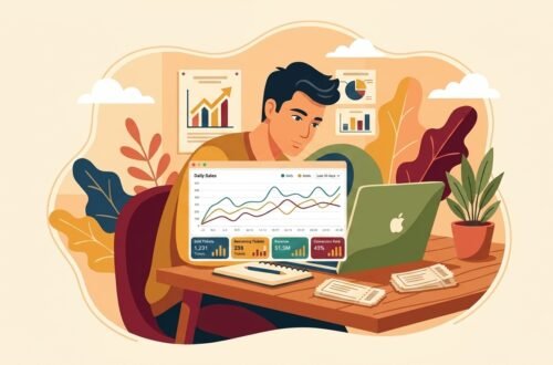 Clean vector illustration of an event coordinator managing a zero fee free event ticketing system on a laptop