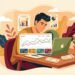 Clean vector illustration of an event coordinator managing a zero fee free event ticketing system on a laptop