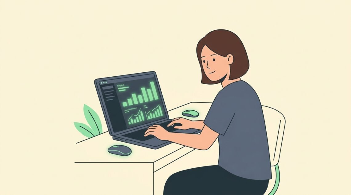 Clean vector illustration of a festival organizer reviewing ticket pricing strategy charts on a laptop