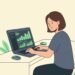 Clean vector illustration of a festival organizer reviewing ticket pricing strategy charts on a laptop