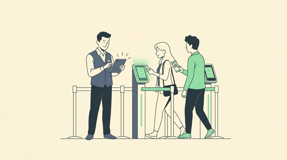 Clean vector illustration of an event coordinator managing digital check-in scanning lanes at a venue entrance