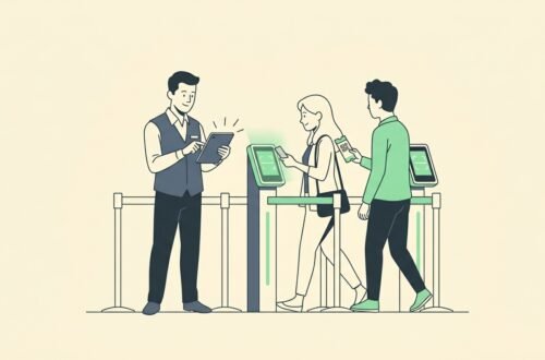Clean vector illustration of an event coordinator managing digital check-in scanning lanes at a venue entrance
