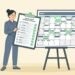 Clean vector illustration of a non-profit event coordinator planning a charity gala banquet layout on a tablet