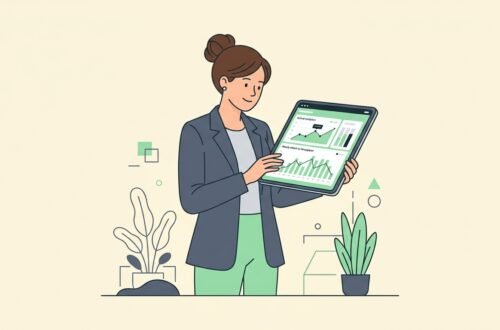 Storyset clean vector illustration of an event coordinator monitoring attendee attendance conversion charts on a tablet