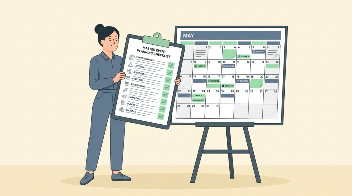 Vector illustration of an event planner managing a master event planning checklist timeline