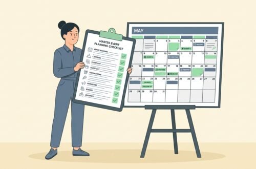 Vector illustration of an event planner managing a master event planning checklist timeline