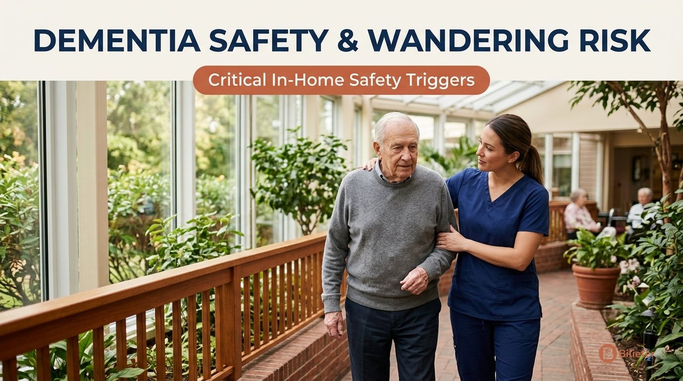 Compassionate female geriatric nurse guiding an elderly man through a secure sunlit indoor conservatory garden path.